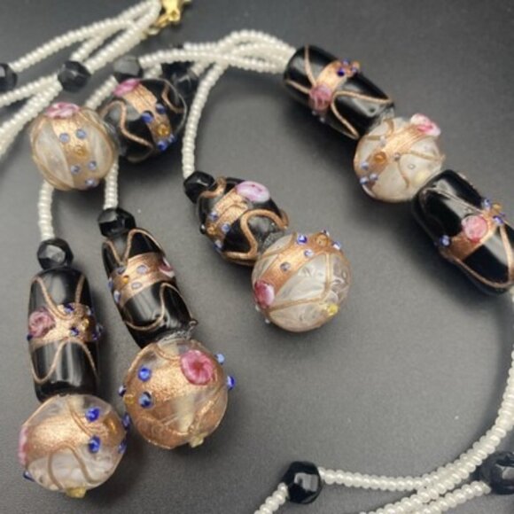 Handmade Wedding Cake Glass Bead Necklace 22" + 7" Drop B&W Multicolor Granny - Picture 5 of 8